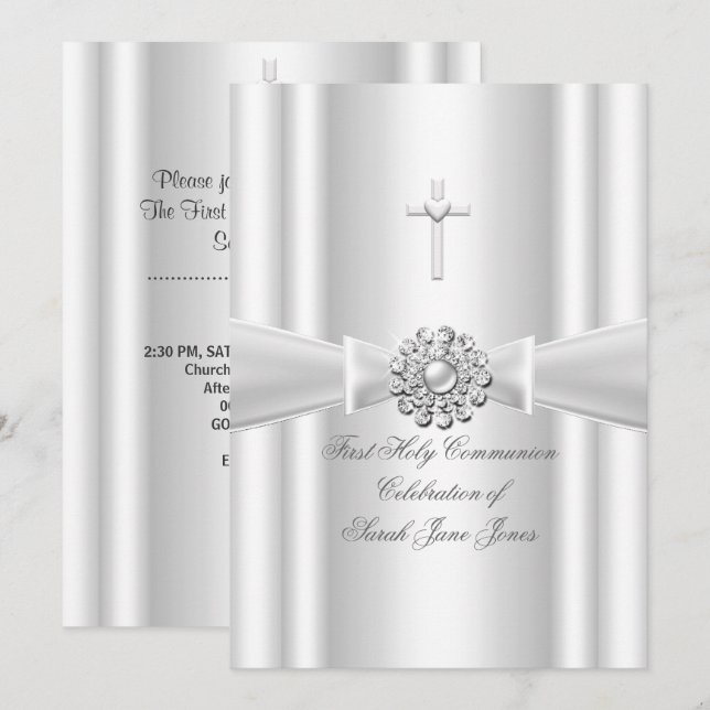 Girl First Holy Communion White Silver Invitation (Front/Back)
