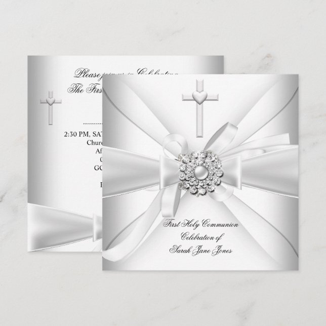 Girl First Holy Communion White Silver Invitation (Front/Back)