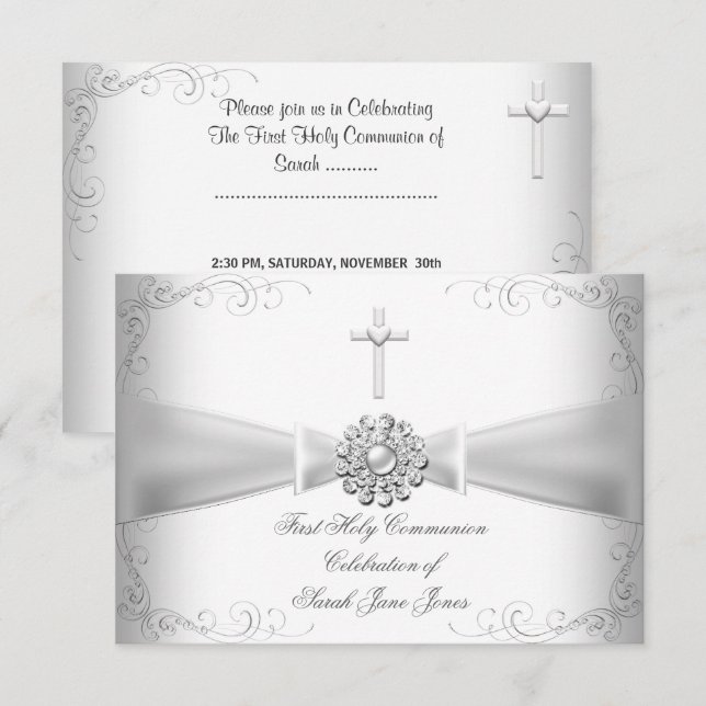Girl First Holy Communion White Silver Invitation (Front/Back)