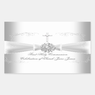Girl First Holy Communion White Silver Rectangular Sticker