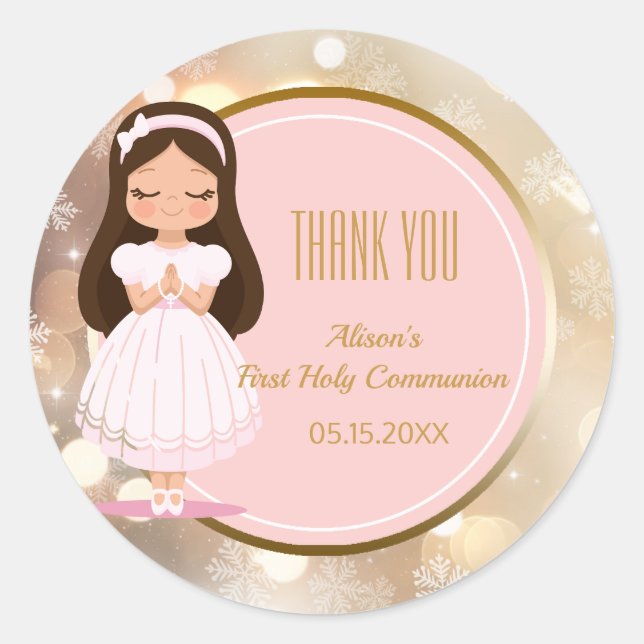 Girl First Holy Communion Winter Pink Gold Bokeh Classic Round Sticker (Front)