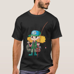 girl fisherman with a fishing rod and a worn-out o T-Shirt