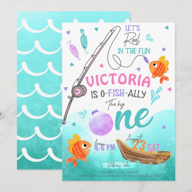 Girl Fishing 1st Birthday Invitation (Front/Back)