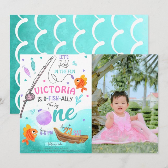 Girl Fishing 1st Birthday Photo Invitation (Front/Back)