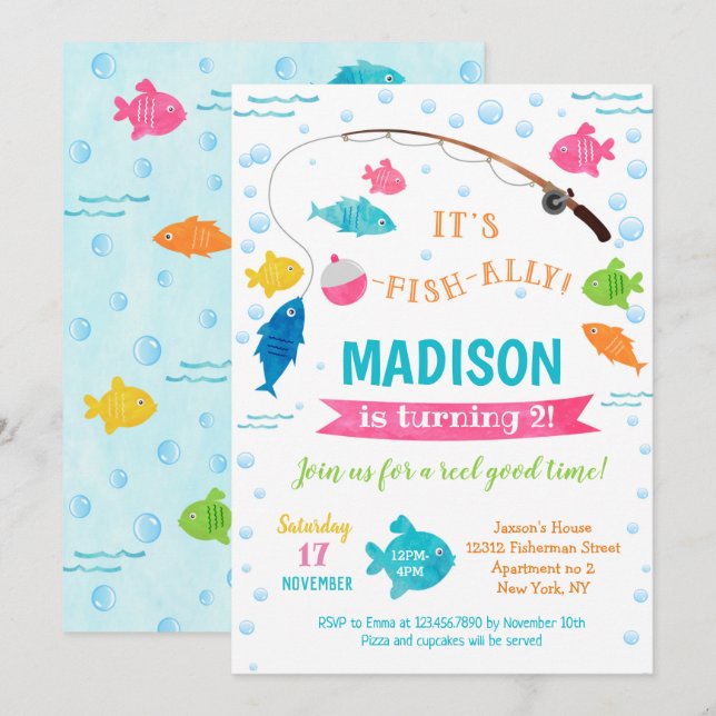 Girl Fishing Birthday Invitations 2nd 3rd 4th  (Front/Back)