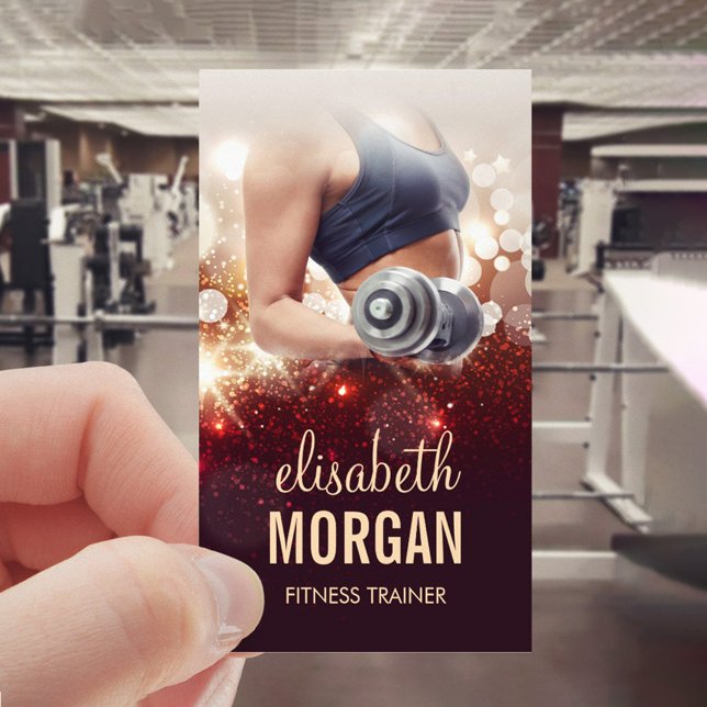 Girl Fitness Trainer Dumbbell Gold Glitter Sparkle Business Card (Creator Uploaded)