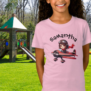 Girl Flies Vintage Aeroplane Pink Girly T-Shirt