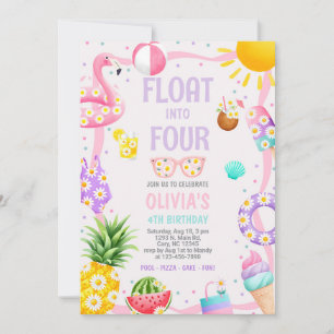 Girl FLOAT into FOUR pool party birthday invite. Invitation