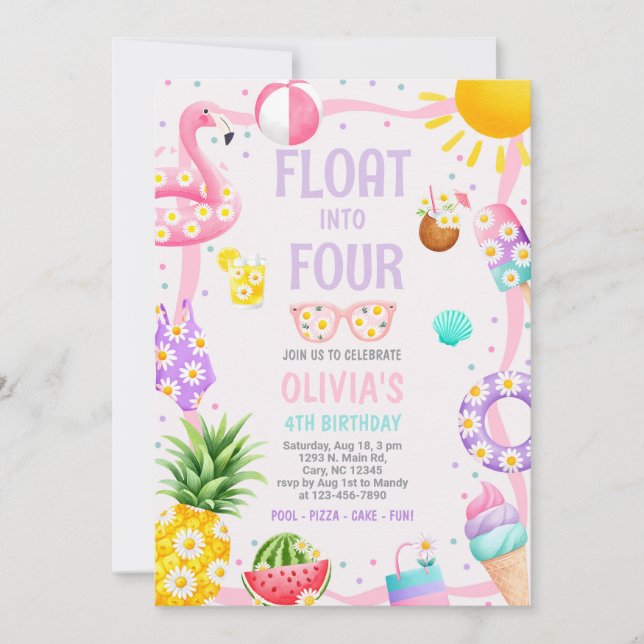 Girl FLOAT into FOUR pool party birthday invite. Invitation (Front)