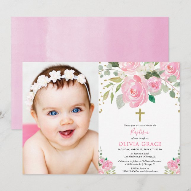 Girl floral baptism blush pink photo invitation (Front/Back)