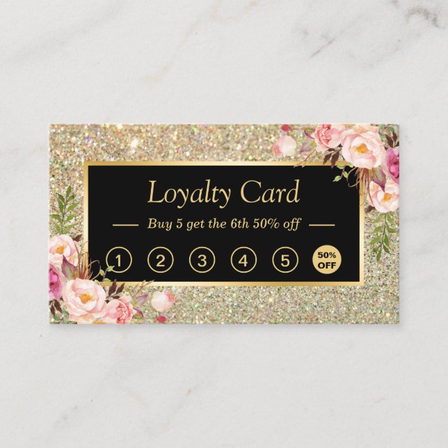 Girl Floral Gold Glitter Sparkling Loyalty Card (Front)