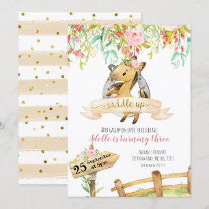 Girl Floral Horse Saddle Up Birthday Invitation