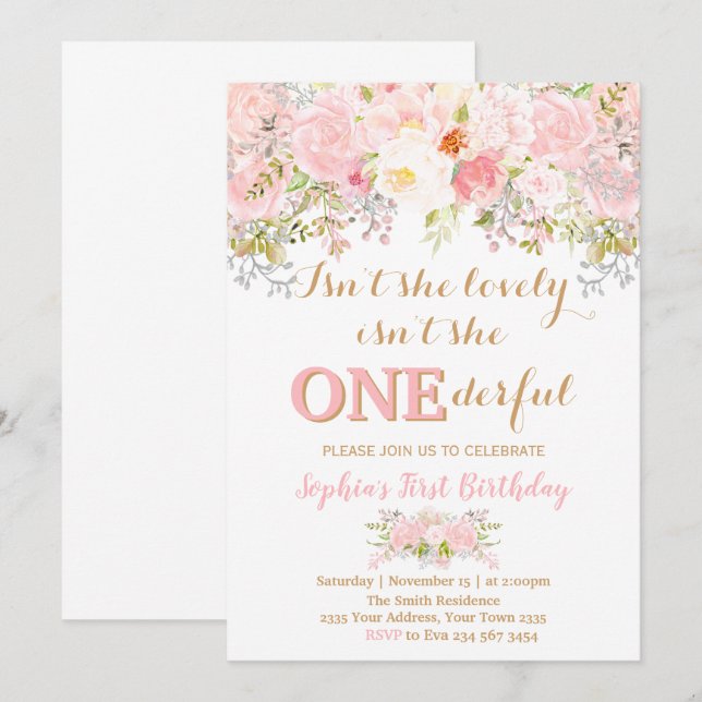 Girl Floral Isn't She Onederful 1st Birthday Invitation (Front/Back)