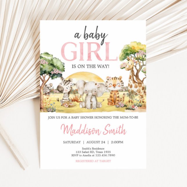 Girl Floral Jungle Safari Animals Baby Shower Invitation (Girl Safari Animals Baby Shower Invitation)