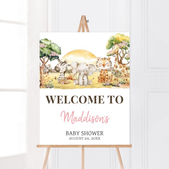 Girl Floral Jungle Safari Animals Welcome Sign (Girl Safari Animals Baby Shower Welcome Sign)