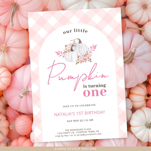 Girl Floral Our Little Pumpkin 1st Birthday Party Invitation (Invite shown in 5 x 7 inches, choose size, paper, and corner style.)
