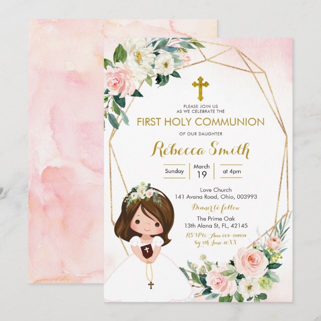 Girl Floral Pink First Communion Invitation (Front/Back)