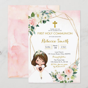 Girl Floral Pink First Communion Invitation