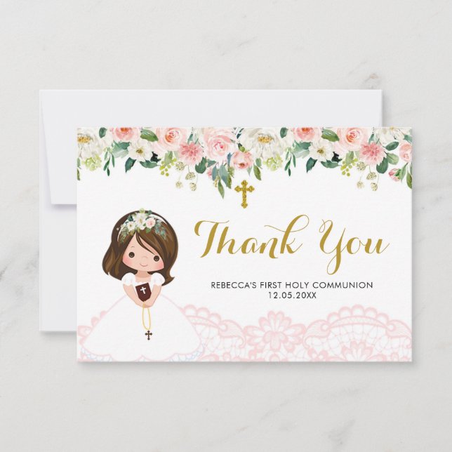 Girl Floral Pink First Communion Thank You Card (Front)
