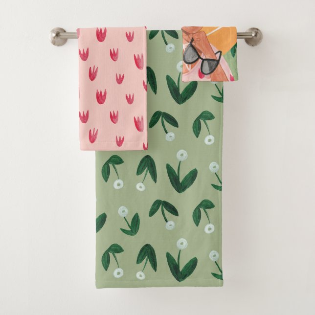 Girl floral sage green & pink all-over print bath towel set (Insitu)