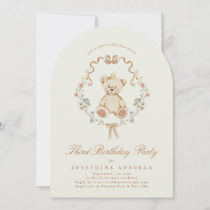 Girl Floral Teddy Bear Sage Arch Birthday Party Invitation