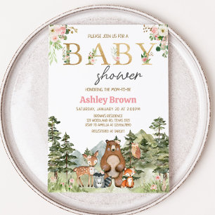 Girl Floral Woodland Animals Baby Invitation