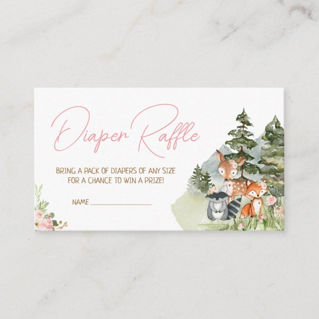 Girl Floral Woodland Animals Diaper Raffle Enclosure Card (Front)
