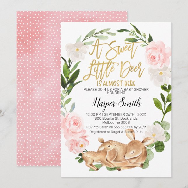 Girl Floral Wreath Deer Baby Shower Invitation (Front/Back)
