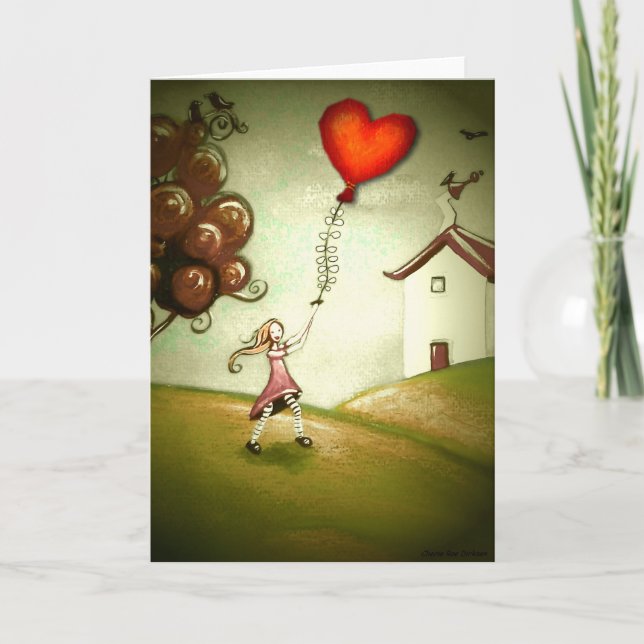Girl Flying a Heart-Shaped Kite (Customisable) Holiday Card (Front)