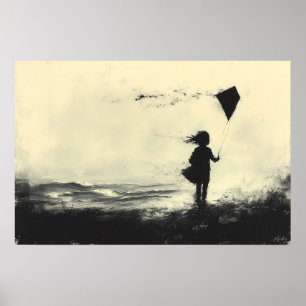 Girl Flying Kite on the Shore at Dusk – Charcoal Poster