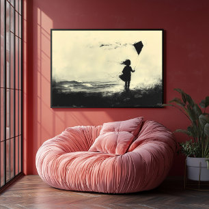 Girl Flying Kite on the Shore at Dusk – Charcoal  Poster