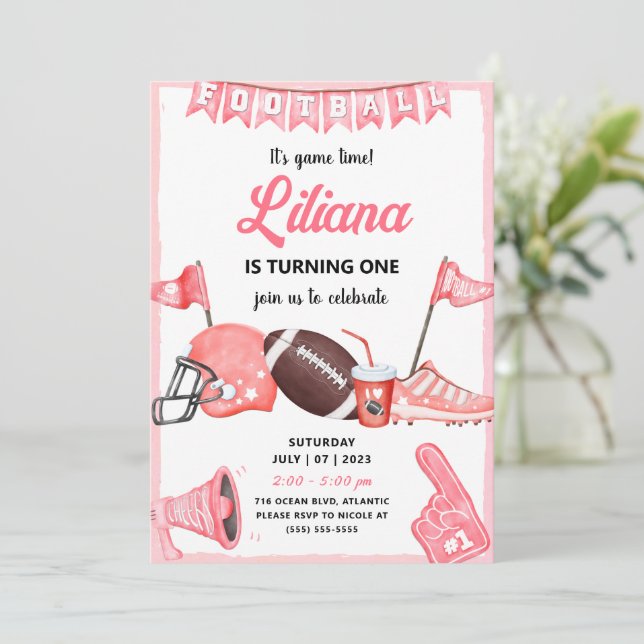 Girl Football Ball First Birthday Invitation (Standing Front)