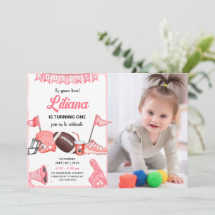 Girl Football First Birthday Invitation With Photo