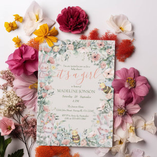 Girl Forest Animals Pink Floral QRcode Baby Shower Invitation