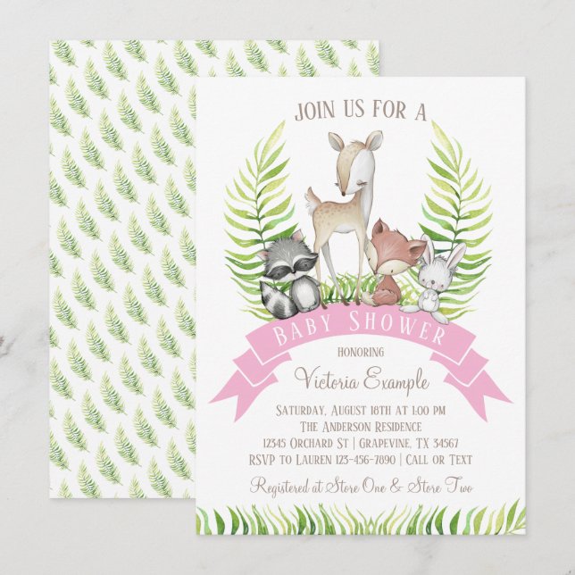 Girl Forest Woodland Greenery Baby Shower Invitation (Front/Back)