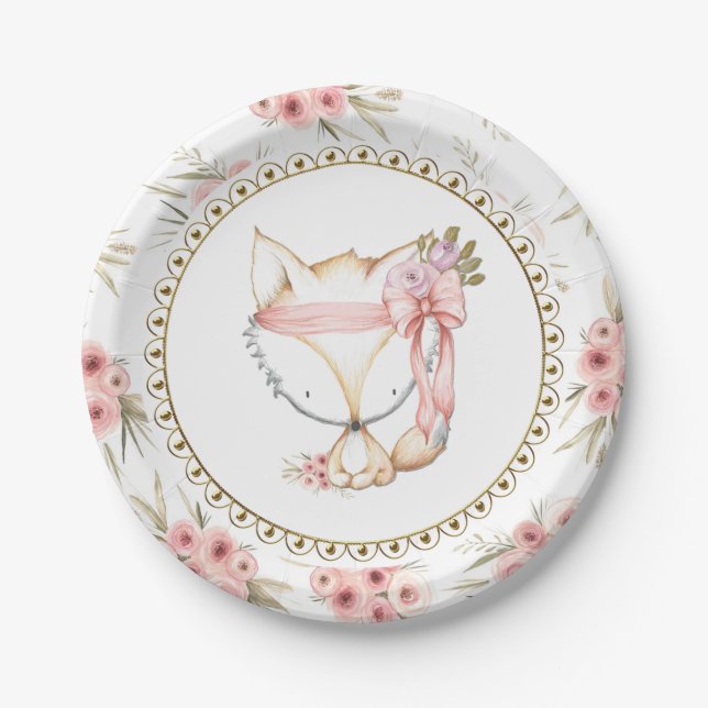 Girl Fox Baby Shower Paper Plates (Front)