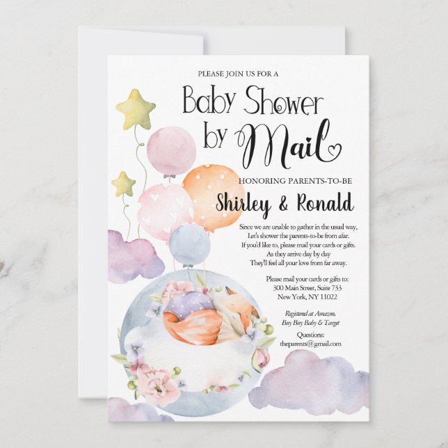 Girl Fox Pink Floral Balloons Baby Shower by Mail Invitation (Front)