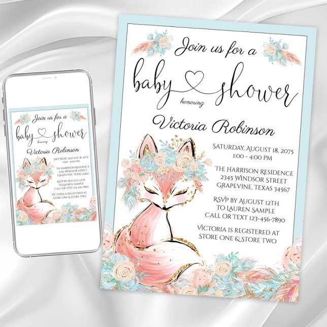 Girl Fox Pink Teal Gold Watercolor Baby Shower Invitation (Girl fox baby shower invitation. Instant download and printed invitations available.)