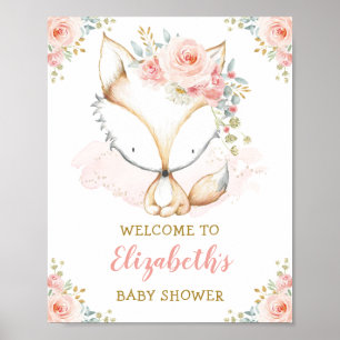 Girl Fox Watercolor Blush Pink Floral Baby Shower Poster