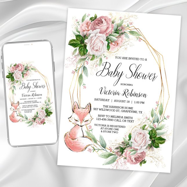 Girl Fox Watercolor Floral Baby Shower Invitation (Cute fox pink floral baby shower invitations. Instant download and printed invitations available.)