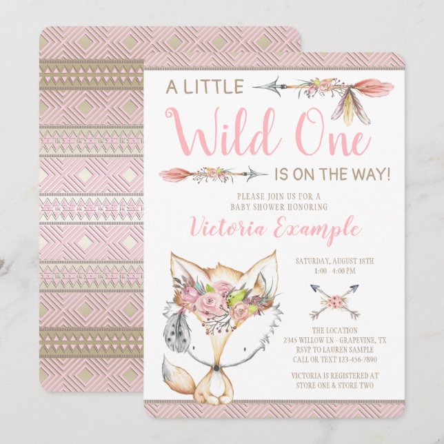 Girl Fox Wild One Baby Shower Invitations (Front/Back)