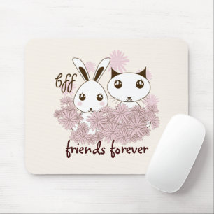Girl Friendship BFF Cute Cartoon Kitten and Bunny Mouse Mat