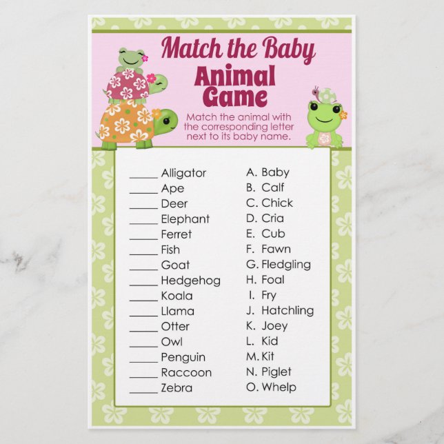 Girl Frog Baby Shower Game Animal Match Sheet (Front)
