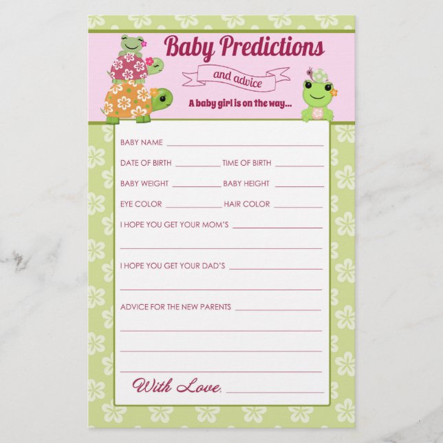 Girl Frog Baby Shower Predictions Activity Sheet (Front)