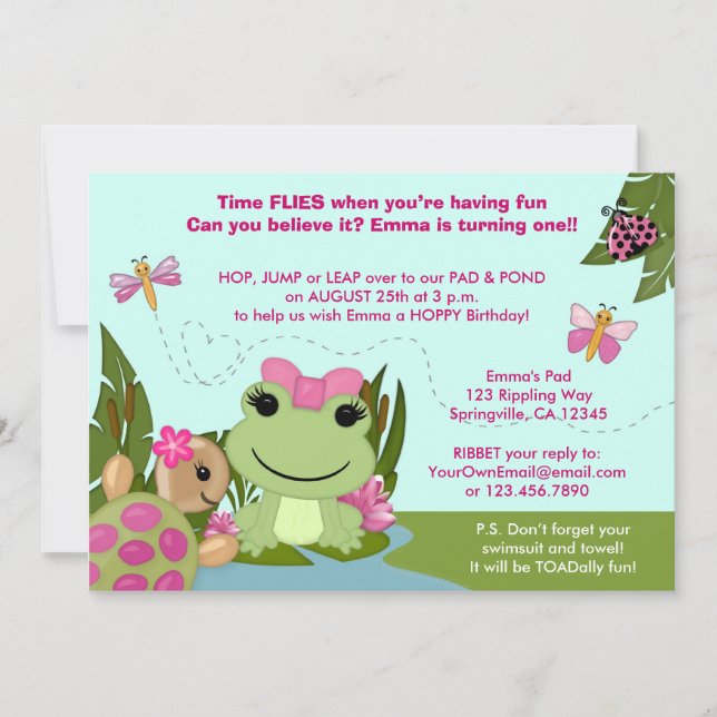 Girl FROG birthday invitation pink pond turtle (Front)