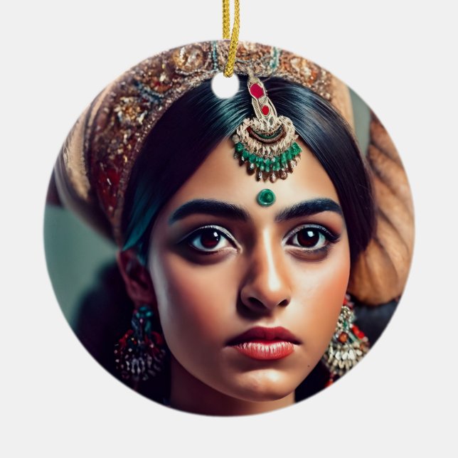  girl from India Decorated with gold Ceramic Tree Decoration (Front)
