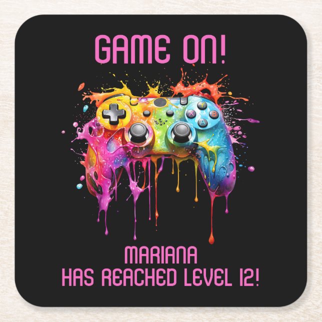Girl Gamer Pink Video Game Party Square Paper Coaster (Front)