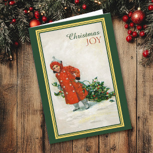 Girl Gathering Holly Vintage Image Christmas Card