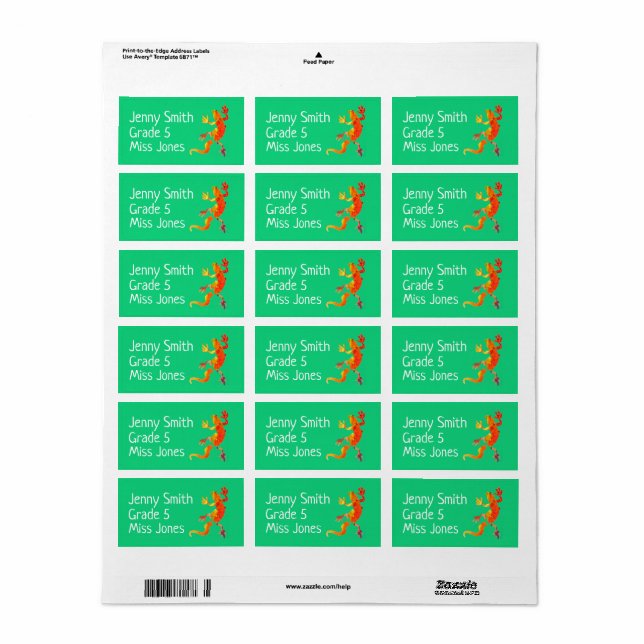 Girl gecko lizard name school book labels (Full Sheet)