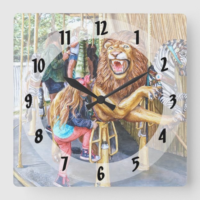 Girl Getting on Carousel Square Wall Clock (Front)